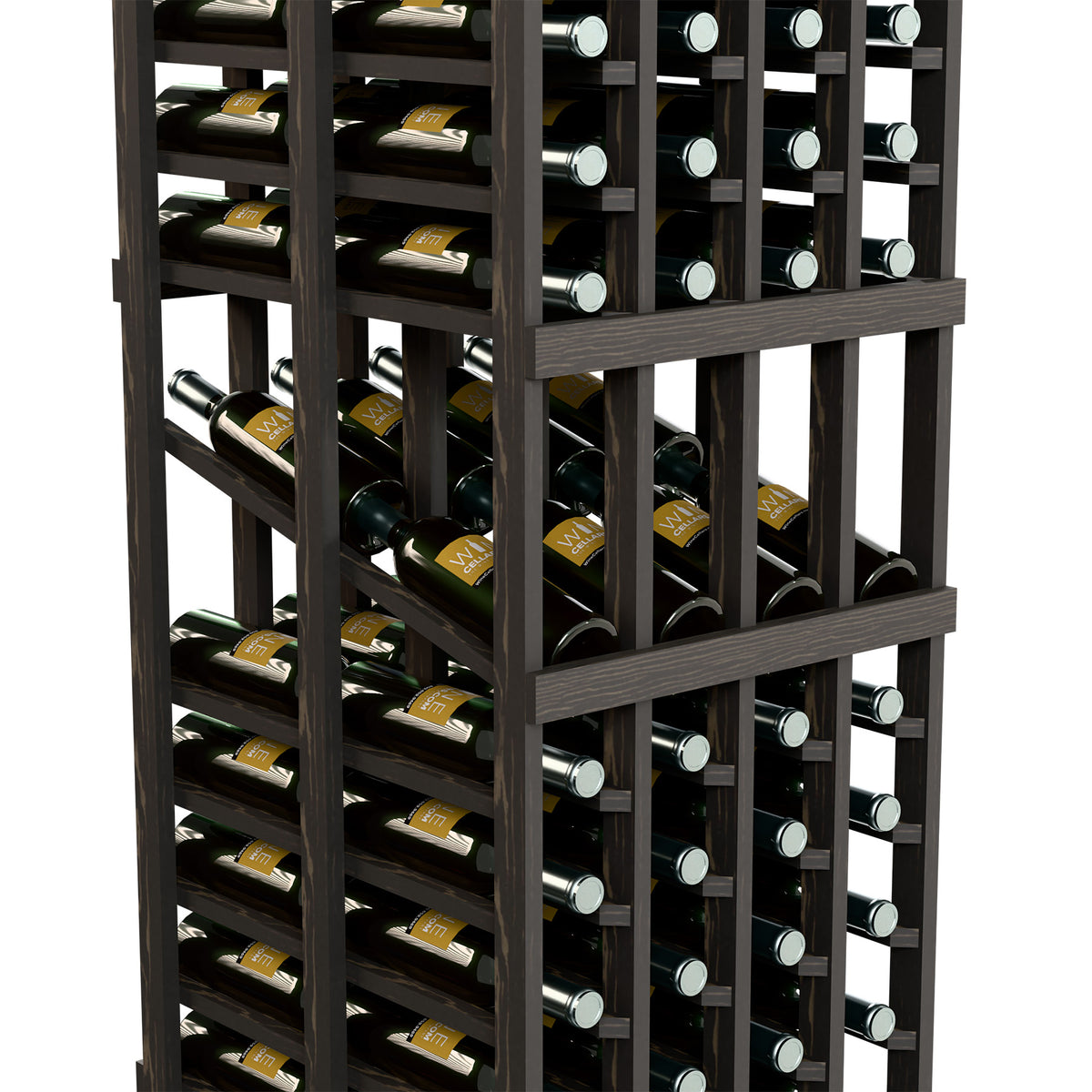 Close-up of dark wine rack with two rows of bottles in front grid compartments