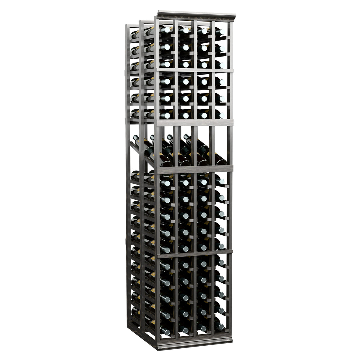 Dark standing wine display rack with four columns and visible bottle slots