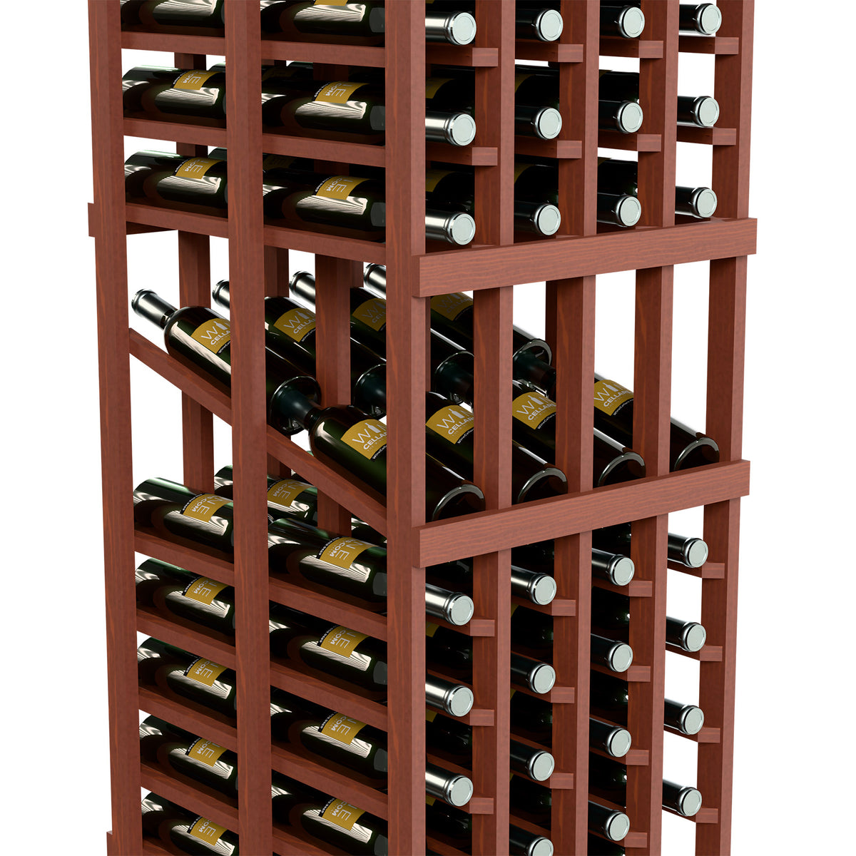 Close-up of red-brown wine rack with double-deep bottle compartments and labels