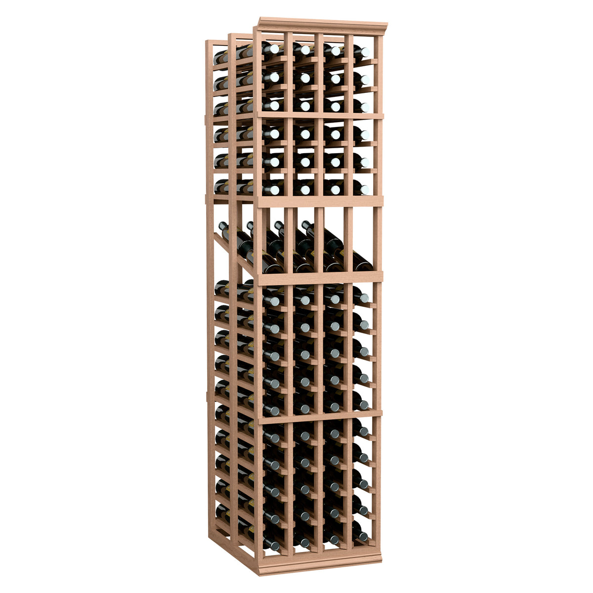 Light tan wine display rack with four columns and bottle slots, tall standing frame