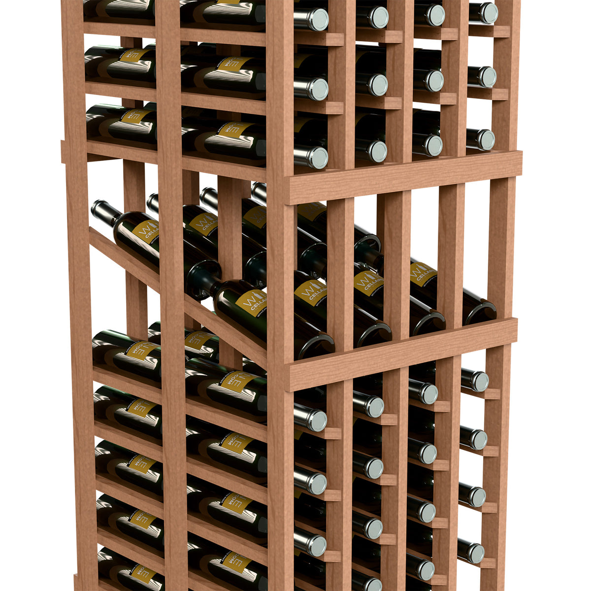 Close-up of light tan wine rack with double-deep bottle openings and metal caps