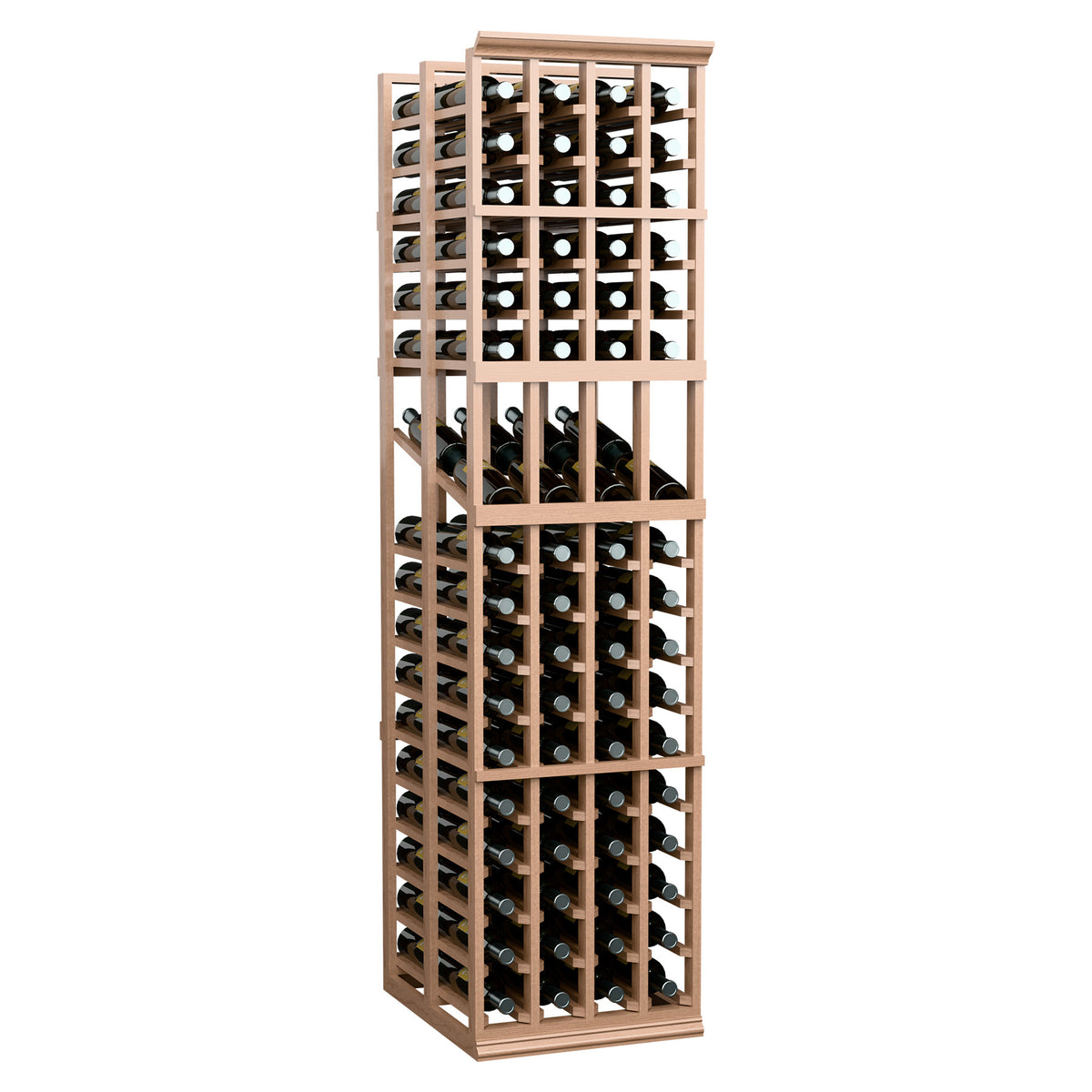 Light wood double-deep wine display rack with four columns of bottle slots