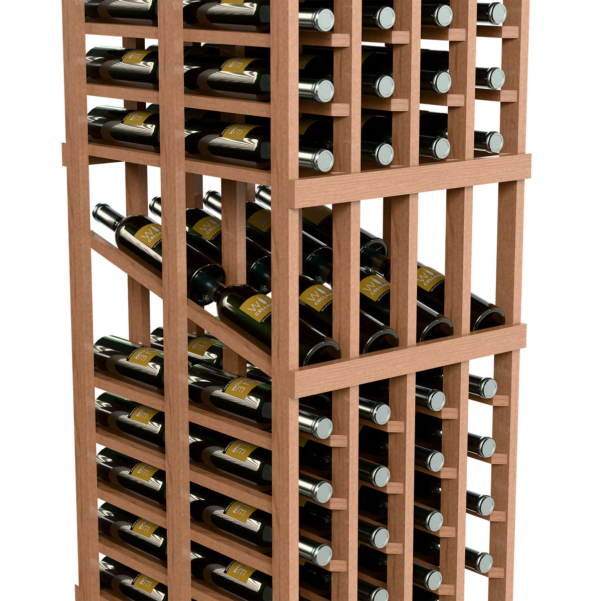 Wood wine display rack detail showing double-deep rows of bottles in four columns