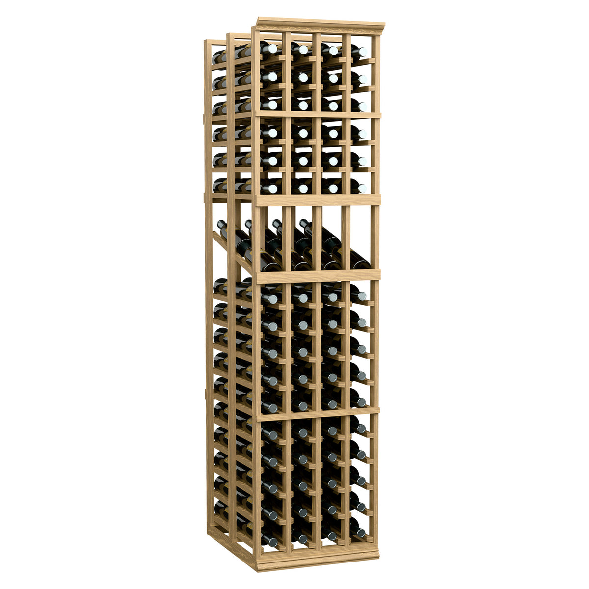 Light wood 4-column double-deep wine rack with front bottle openings and wine labels