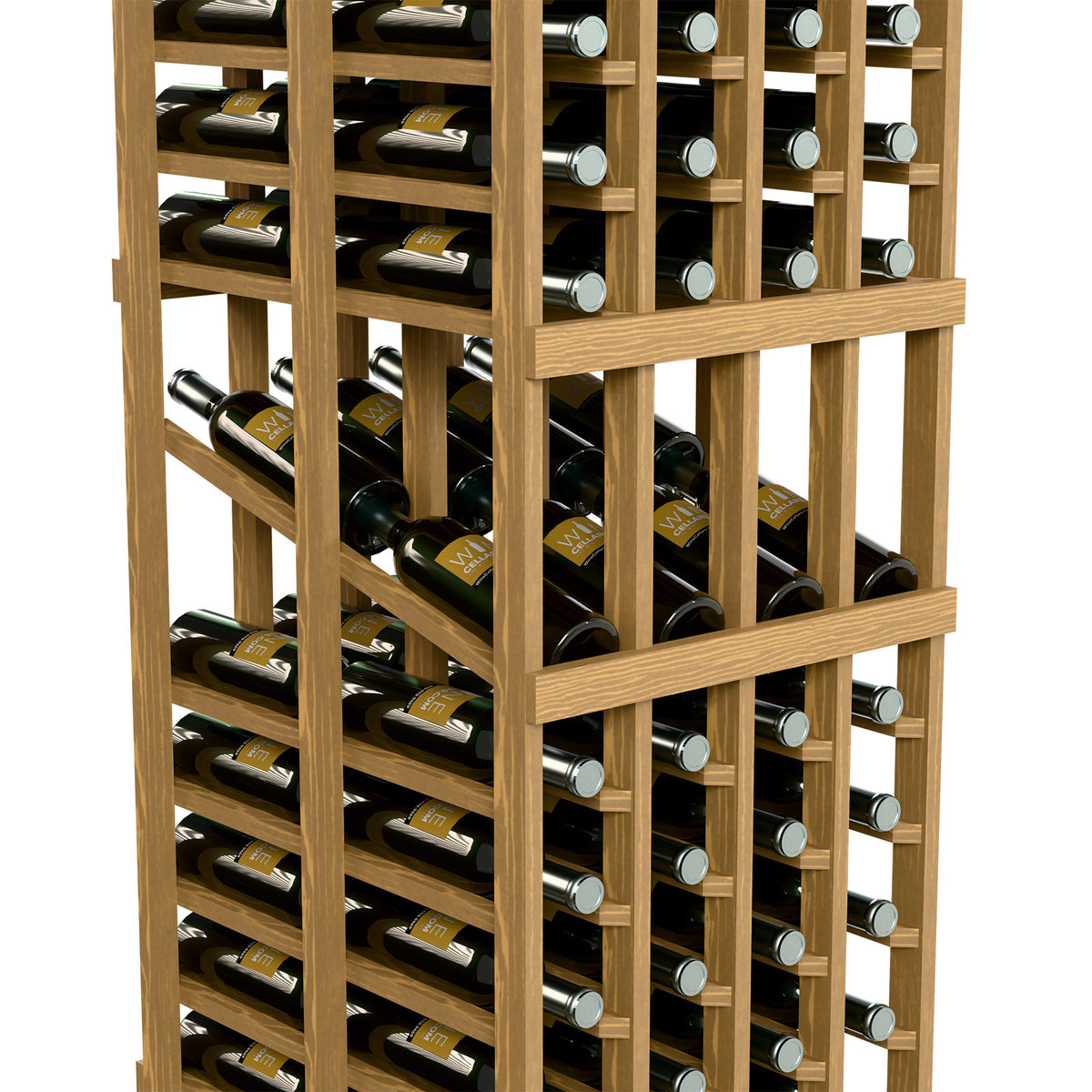 Wood wine rack close-up with stacked bottle slots across four columns