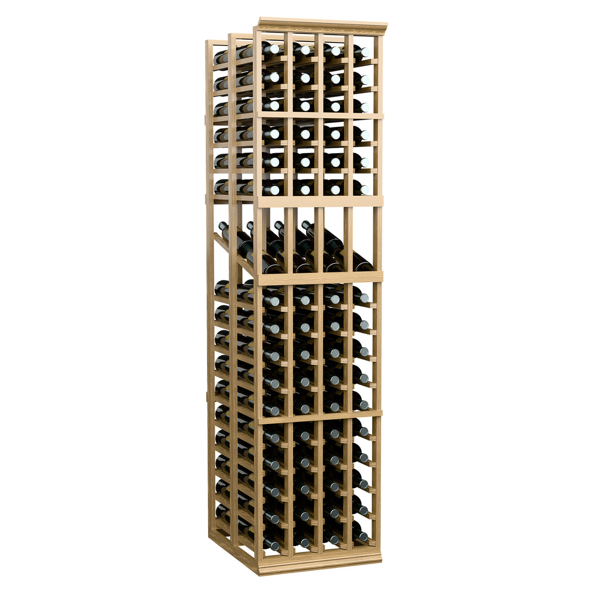 Light wood double-deep wine display rack, four columns with front-facing bottle holders