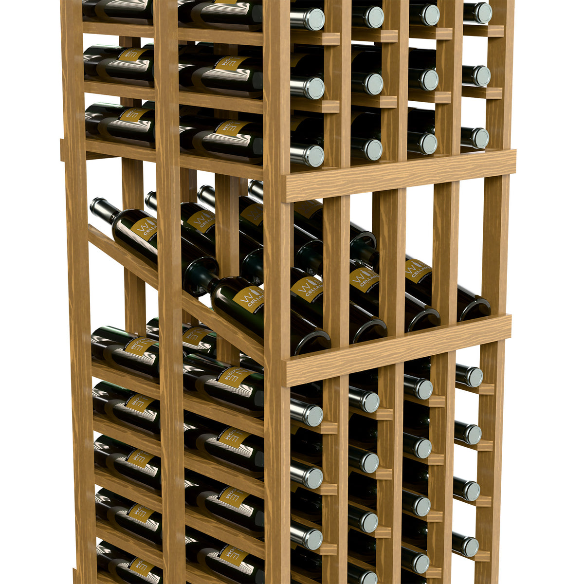 Light wood wine display rack close-up, four-column layout with bottles in rows