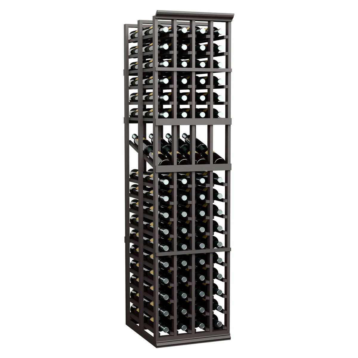 Dark wood double-deep wine display rack with four columns of bottle slots