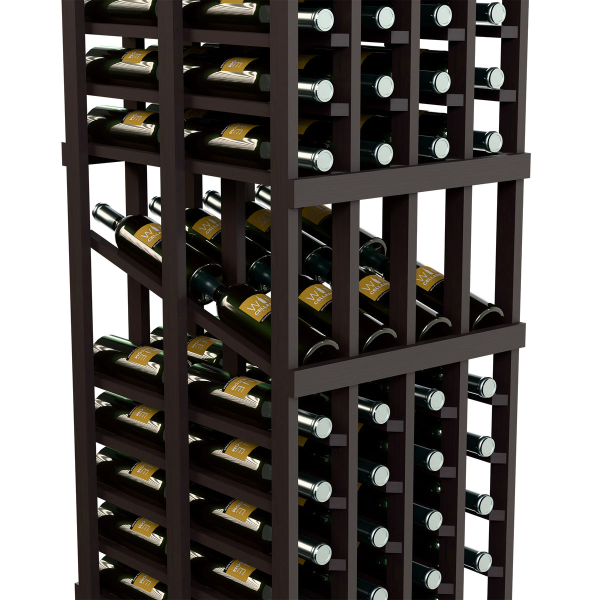 Dark wood wine display rack close-up showing double-deep rows of bottle openings