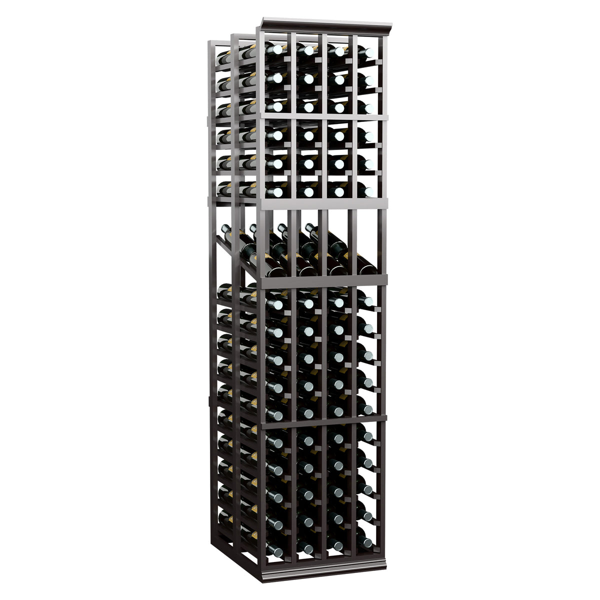 Dark wood 4-column double-deep wine rack with front bottle openings and labels