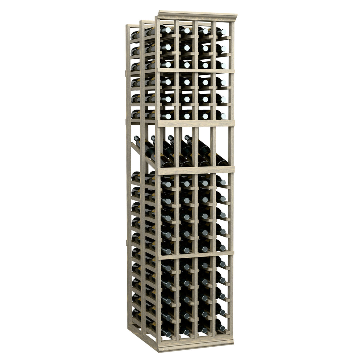 Wood wine rack with crisscross bottle slots, light finish, vertical display frame