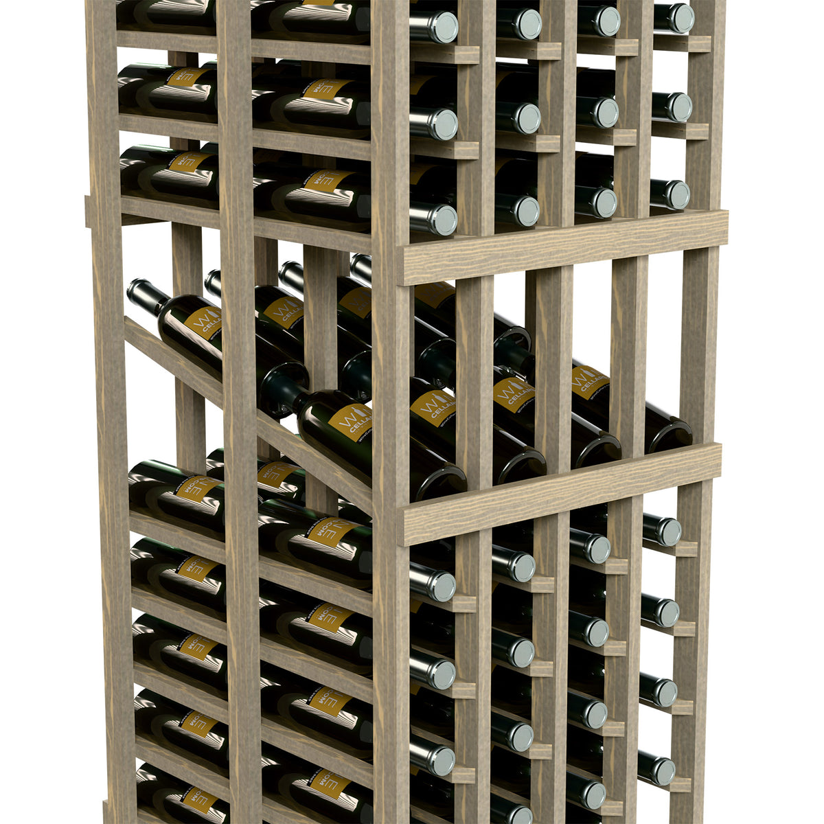 Close-up of double-deep wine rack holding bottles in angled and horizontal rows