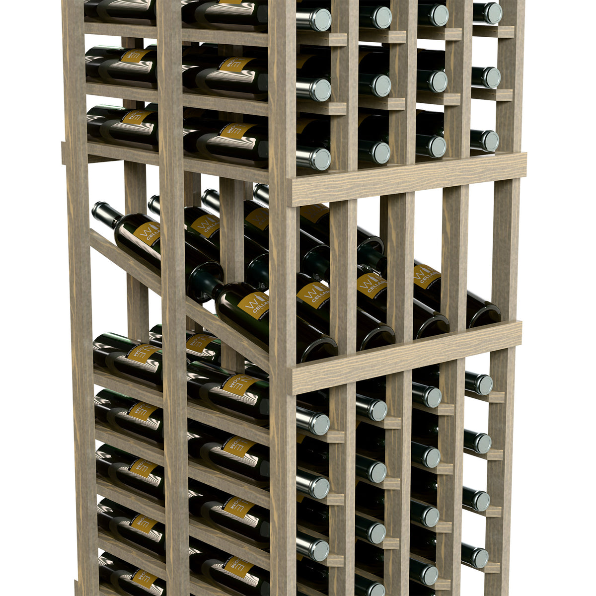 Close-up of wine rack showing bottles in side-by-side cubbies with metal bottle bases