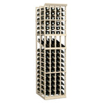Wine storage display rack with grid openings and light wood frame for bottles