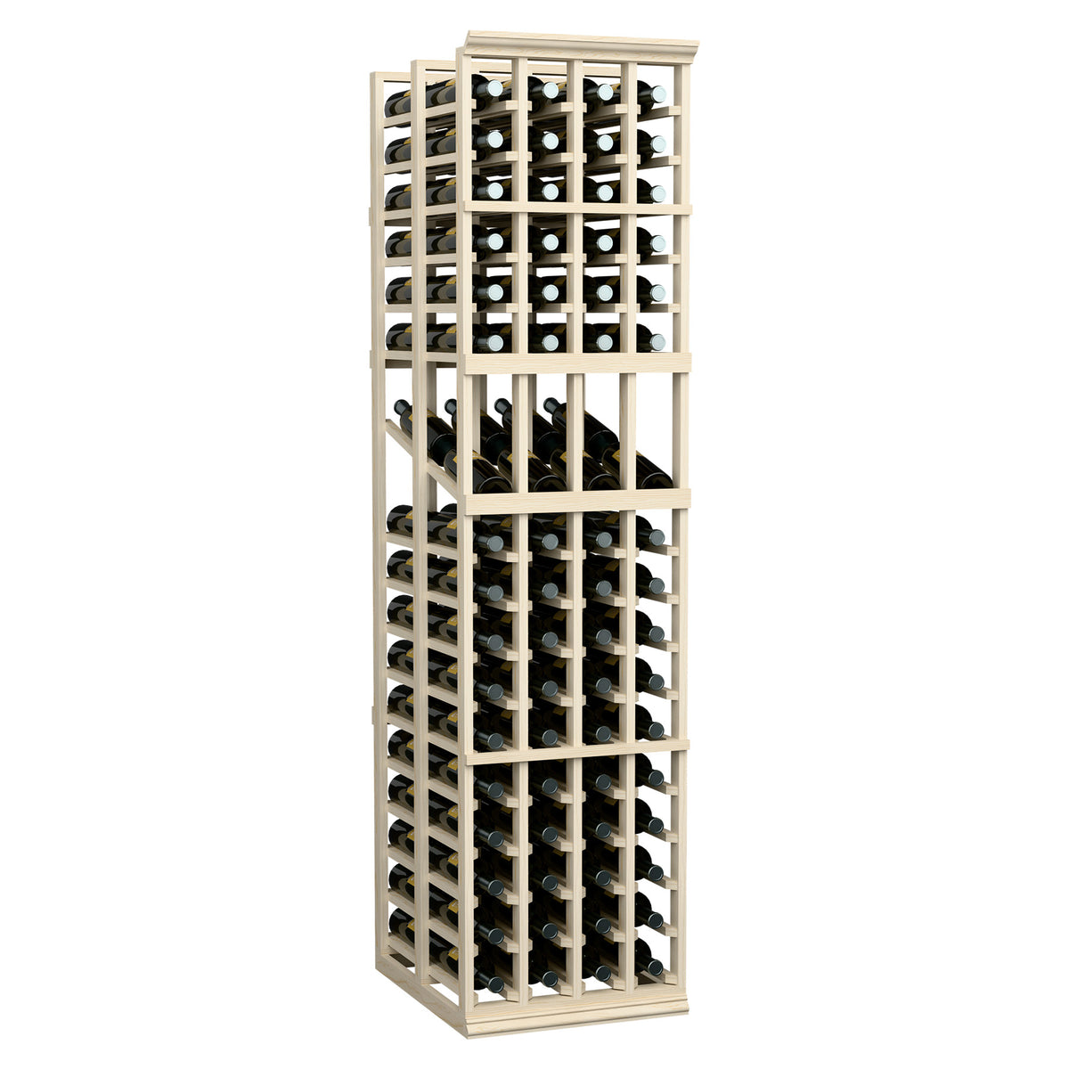 Wine storage display rack with grid openings and light wood frame for bottles