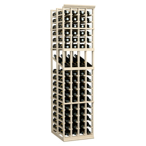 Wine storage display rack with grid openings and light wood frame for bottles