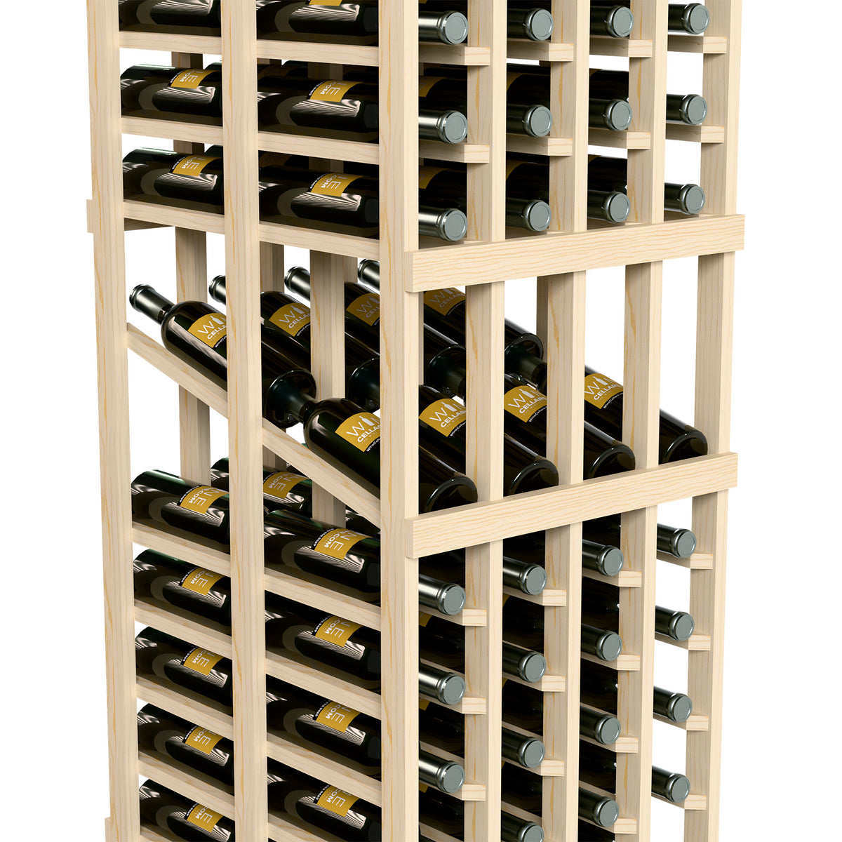 Double-deep wine rack detail with bottles stored in multiple rows inside wooden frame