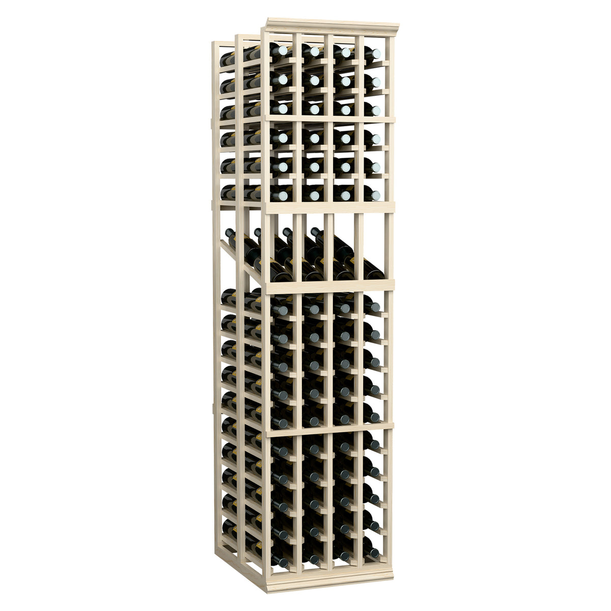 Tall wine display rack with narrow bottle openings and light-colored wooden lattice