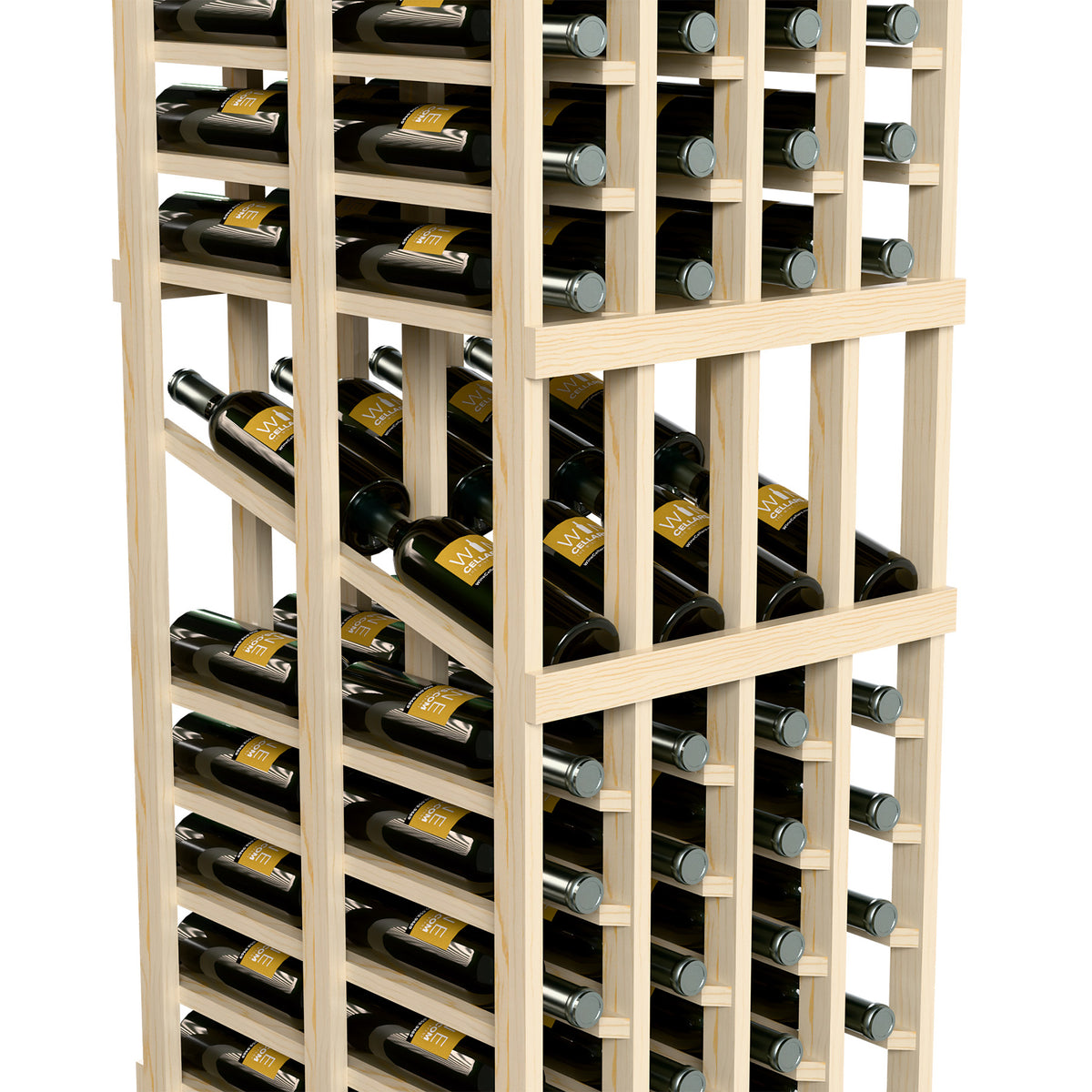 Close-up of light wood wine rack with bottles in deep slots and staggered rows