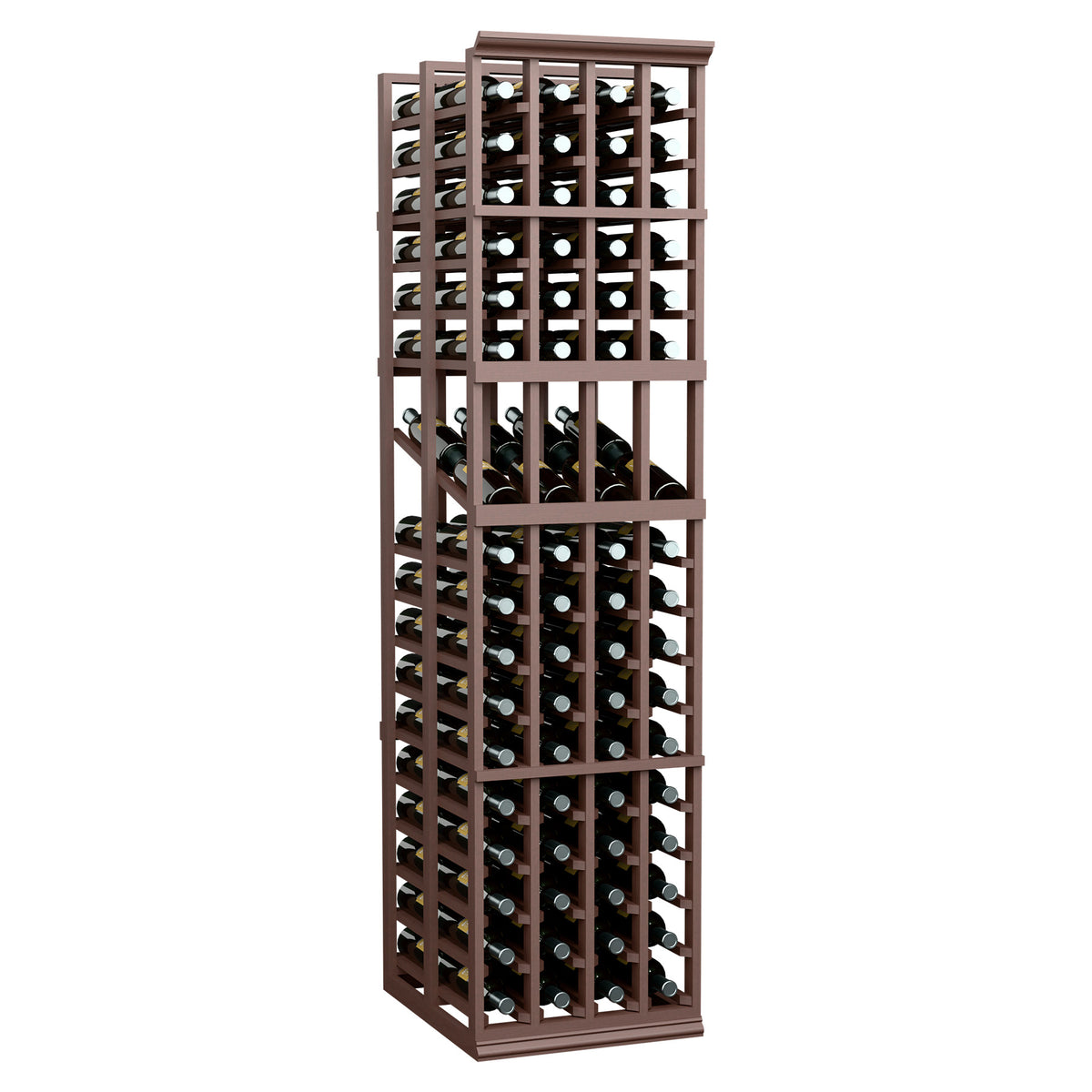 Tall wine display rack with dark wood frame and crisscross bottle slots