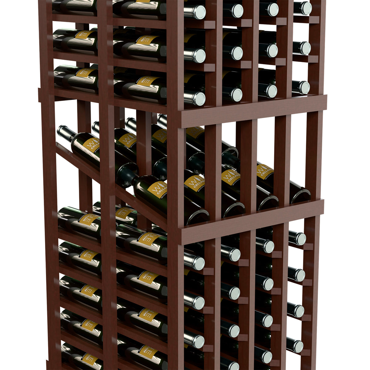 Wine display rack with dark wooden dividers and two rows of bottle storage, close-up
