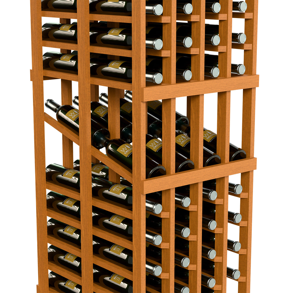 Wine display rack with light wooden dividers and multiple bottle slots, close-up