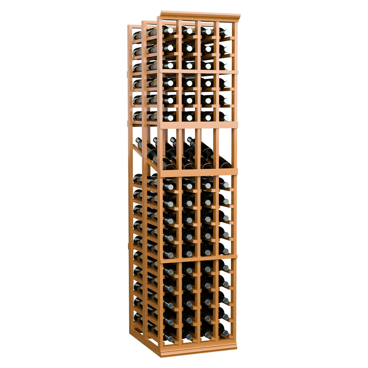 4-column double-deep wine display rack in light stained wood with front bottle access