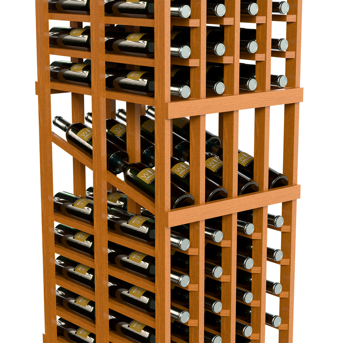 Wine display rack with light wooden frame and stacked bottle slots, close-up view