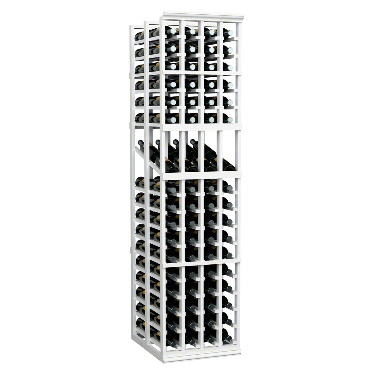 4-column double-deep wine display rack in white painted wood with bottle storage grid