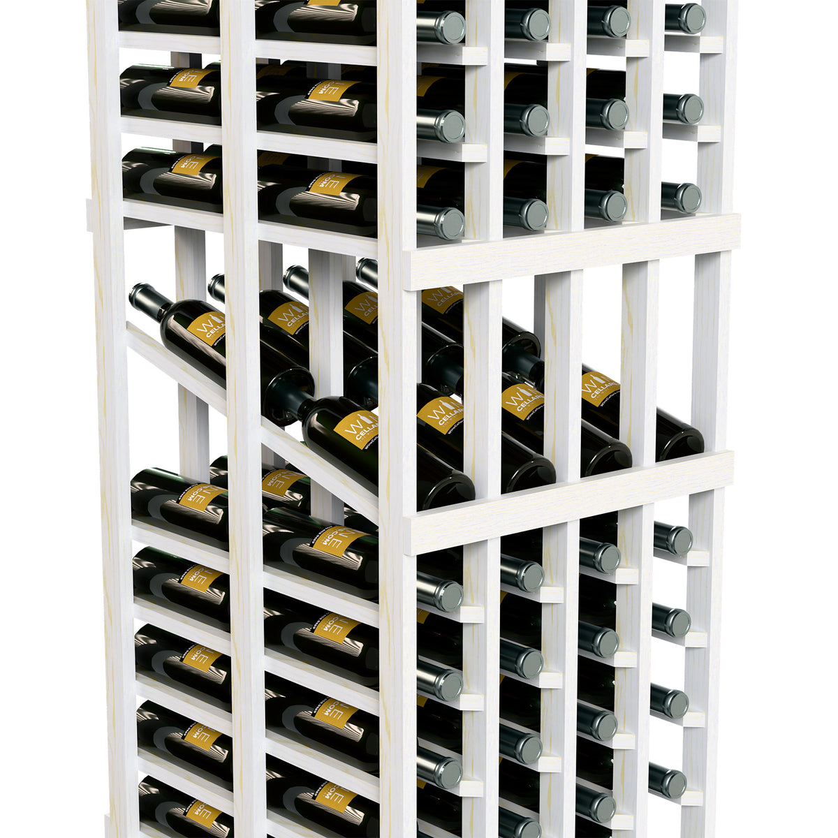 White wine display rack with wooden dividers and two-depth bottle rows, close-up