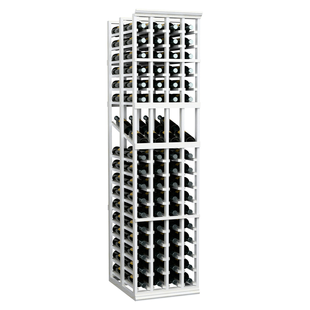4-column double-deep wine display rack in white painted wood with front bottle storage