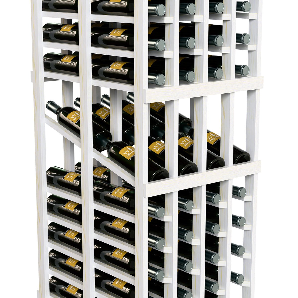 White wine display rack with cubby dividers and bottle storage, close-up corner view