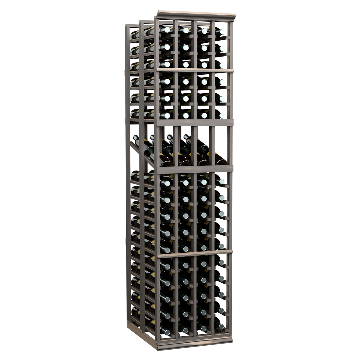 Wine bottle display rack with dark frame, featuring open grid shelves for bottles.