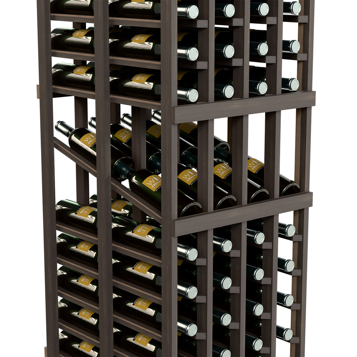 Wine bottle display rack close-up with dark wooden grid holding rows of bottles.