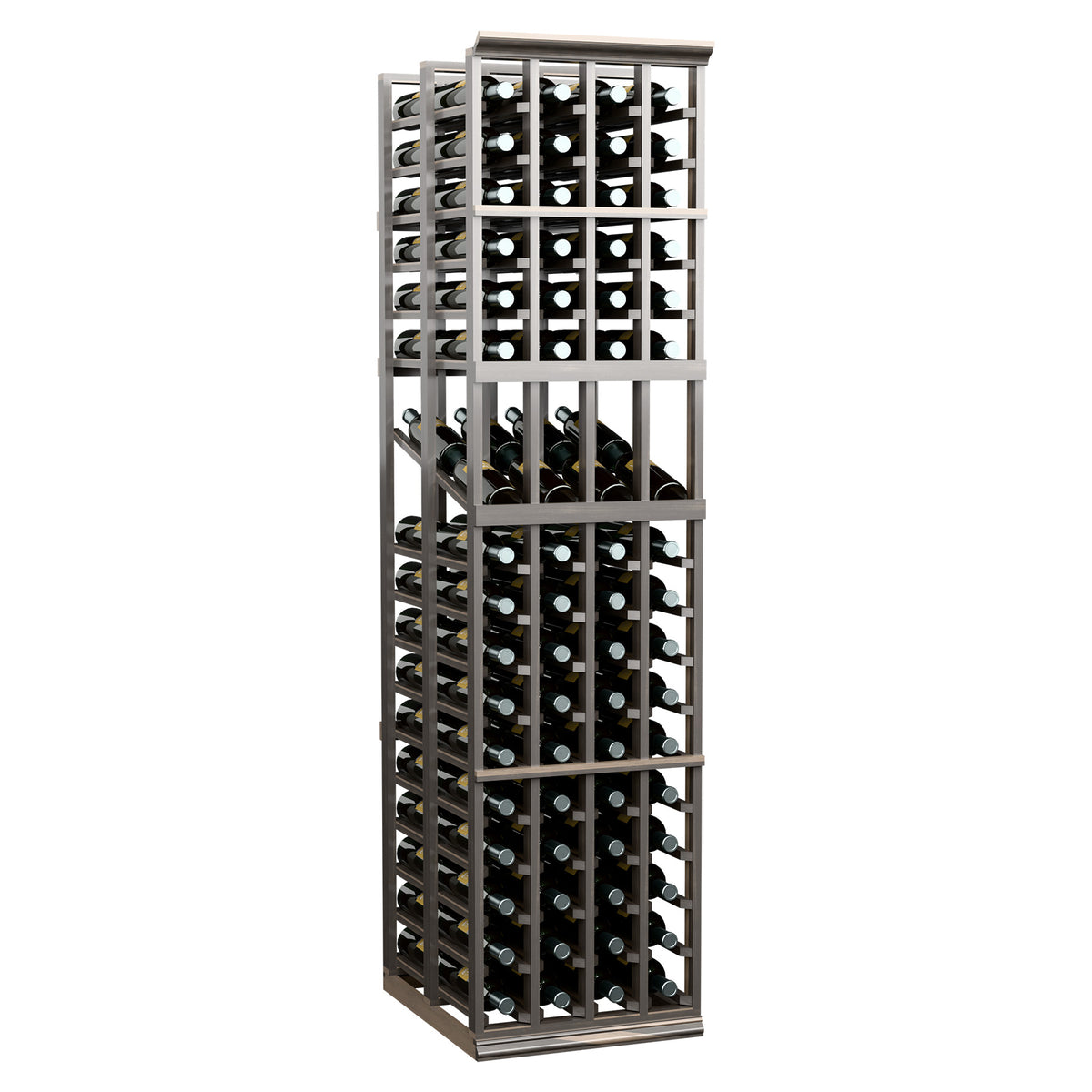 Freestanding wine bottle display rack with dark frame and multi-level bottle slots.
