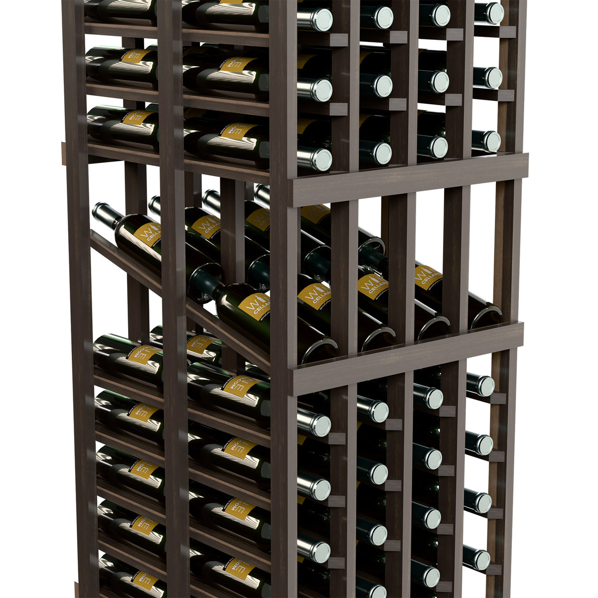 Wine bottle display rack close-up with dark frame and bottle necks facing forward.
