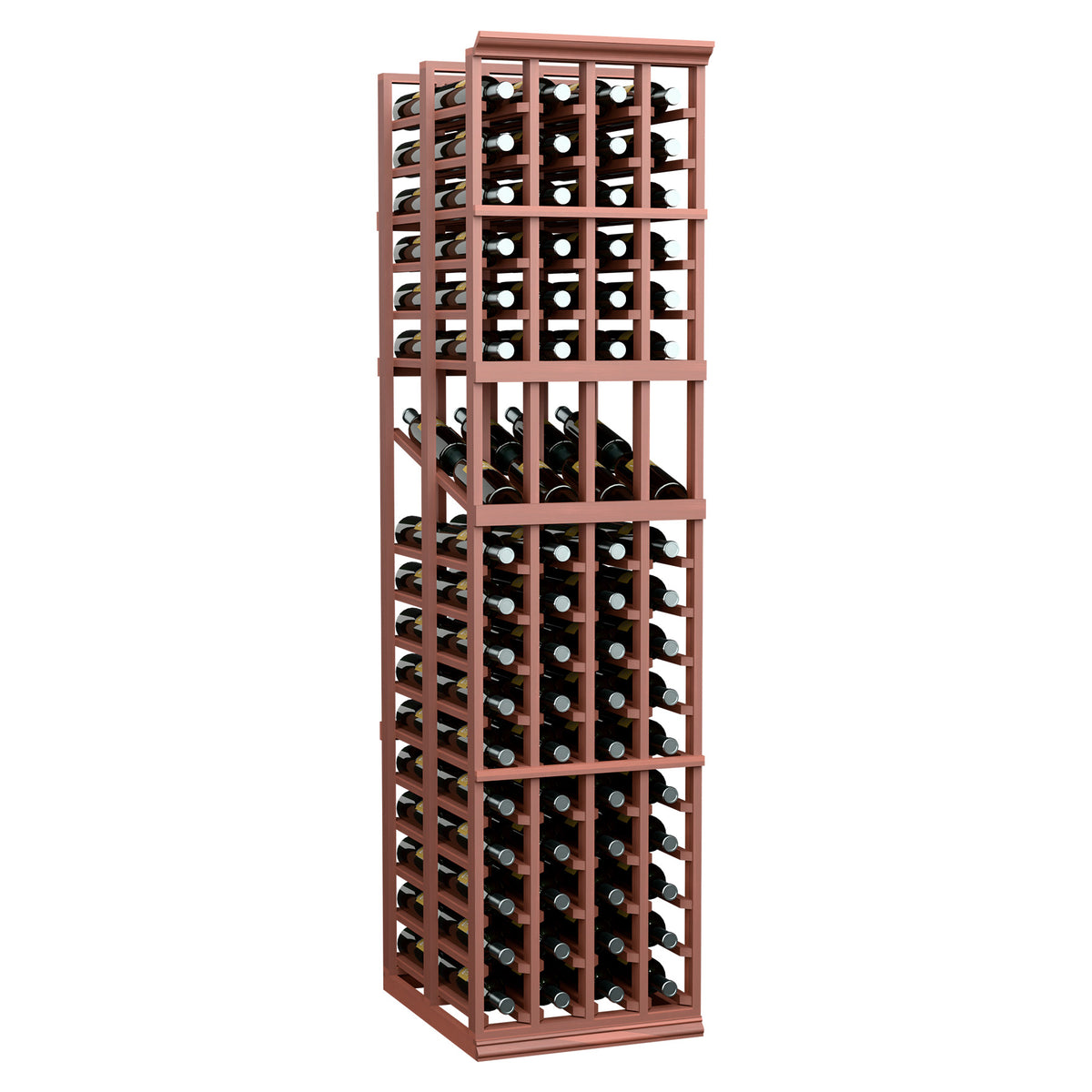 Wine bottle display rack with red wood frame and open grid shelves for bottles.