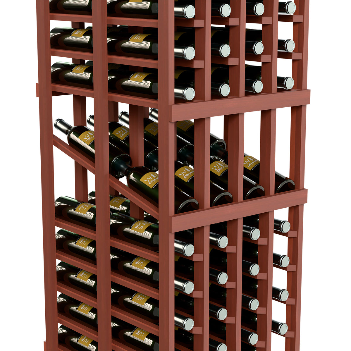 Wine bottle display rack close-up with red frame holding bottles in stacked rows.