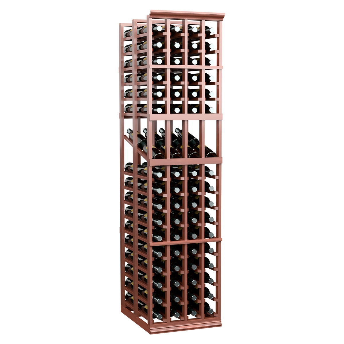 Freestanding wine bottle display rack with red frame and multi-level bottle slots.