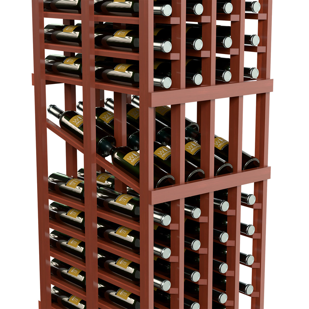 Wine bottle display rack close-up with red wood grid and front-facing bottle tops.
