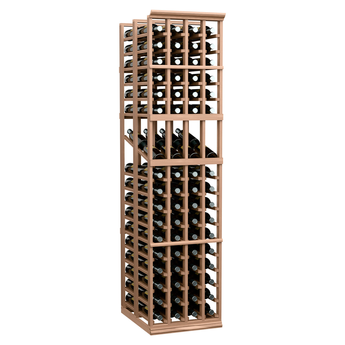 Wine bottle display rack with warm red frame and open grid shelves for bottles.