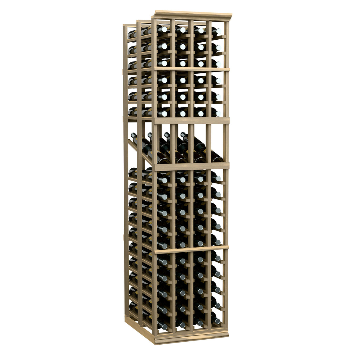 Double-deep wine display rack with four columns in a tall frame