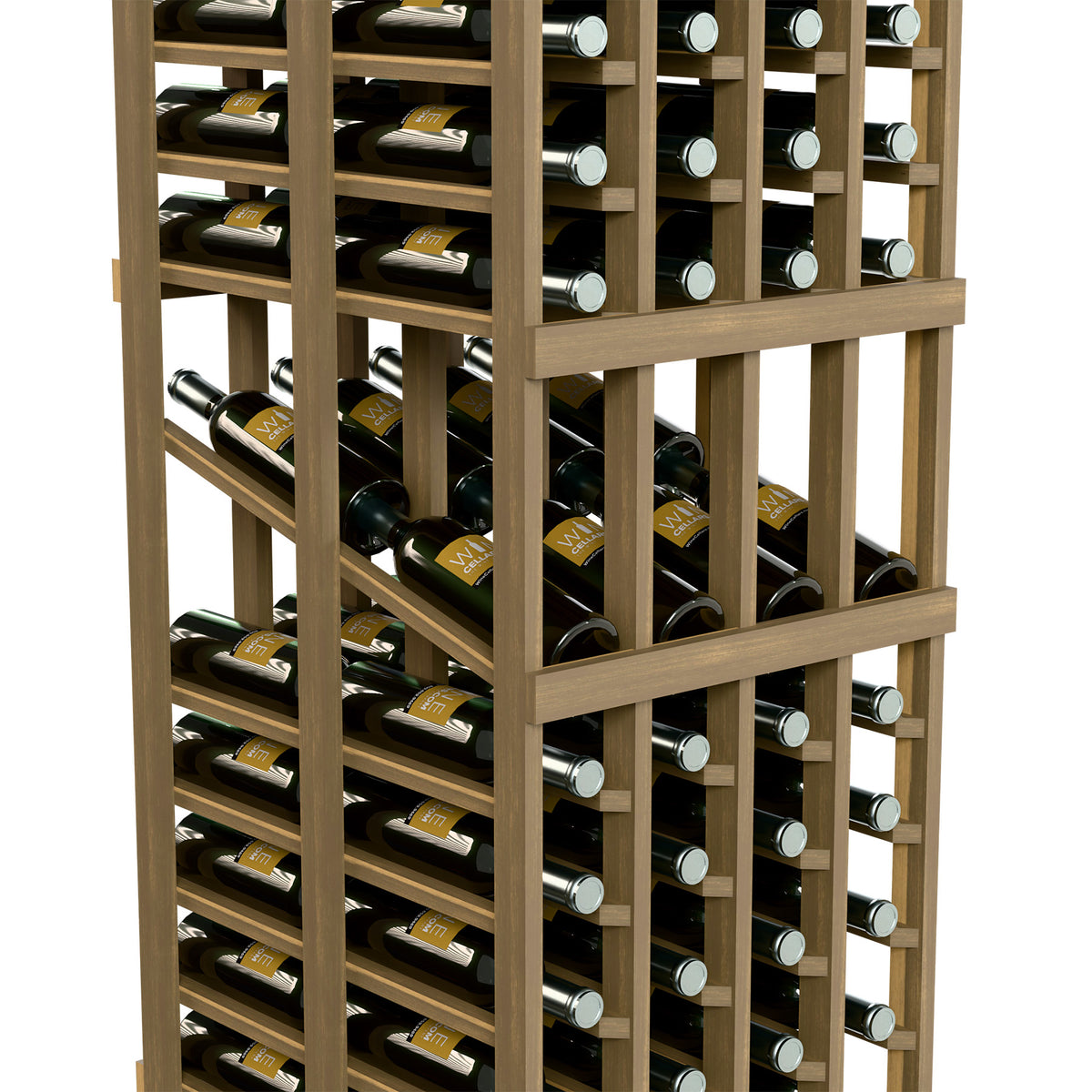Close view of a double-deep wine rack with front slots and side bottle rows