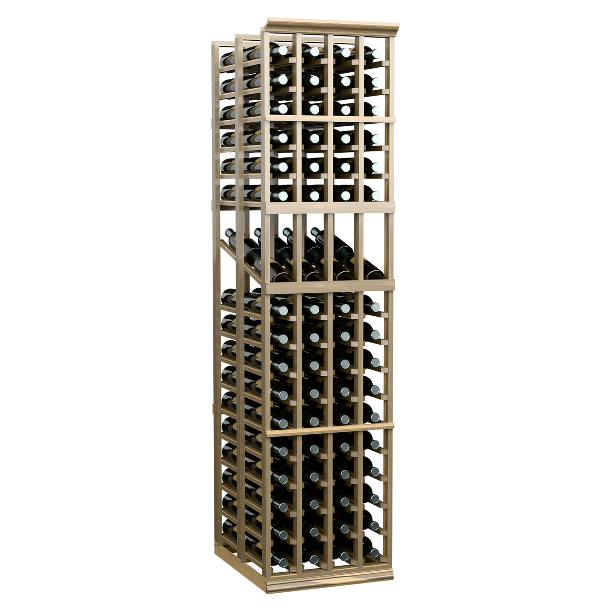 Tall double-deep wine display rack with four columns of bottle openings