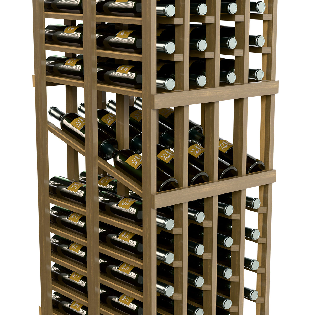 Angled view of a wine rack showing front bottle rows and angled supports