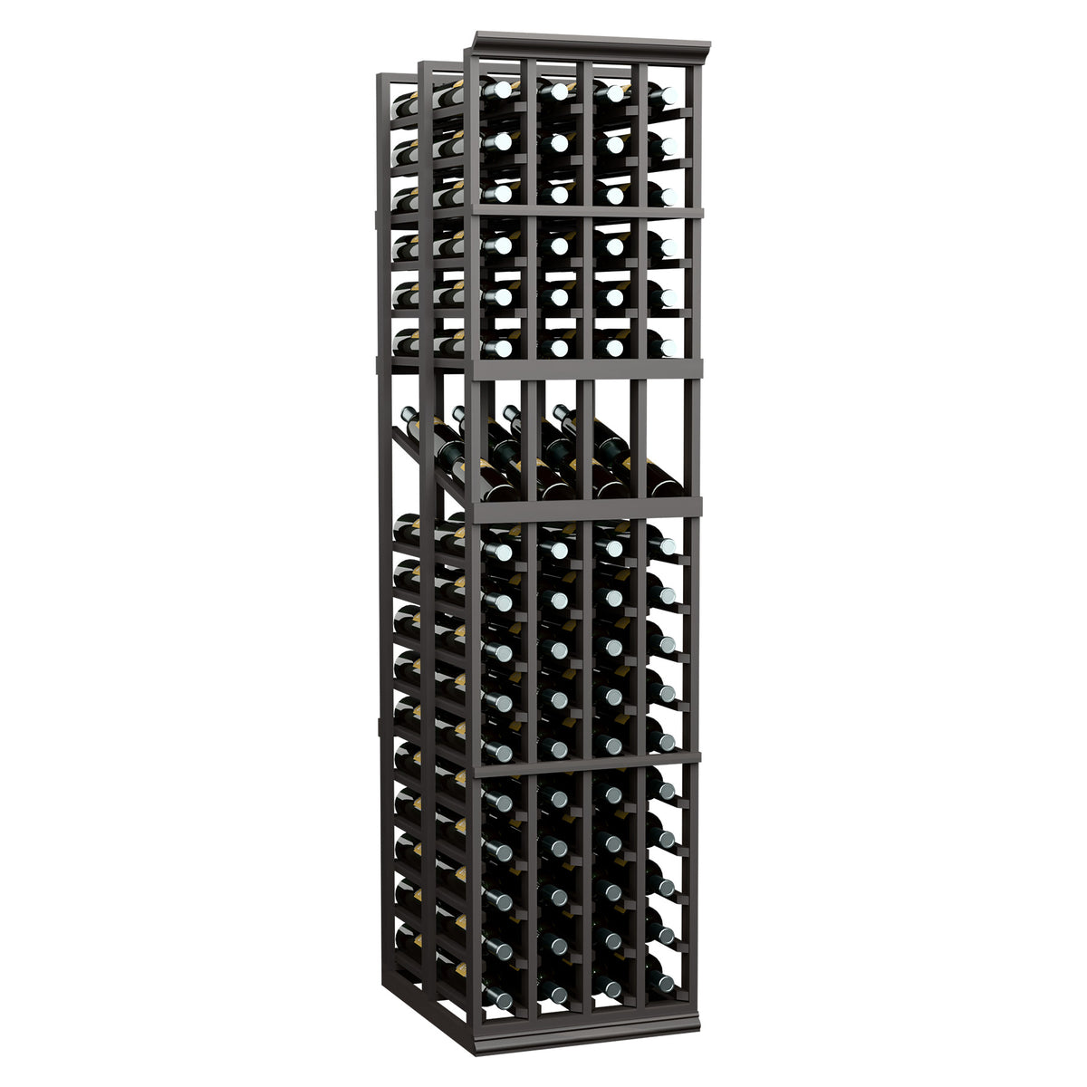Tall double-deep wine display rack with four columns in dark frame