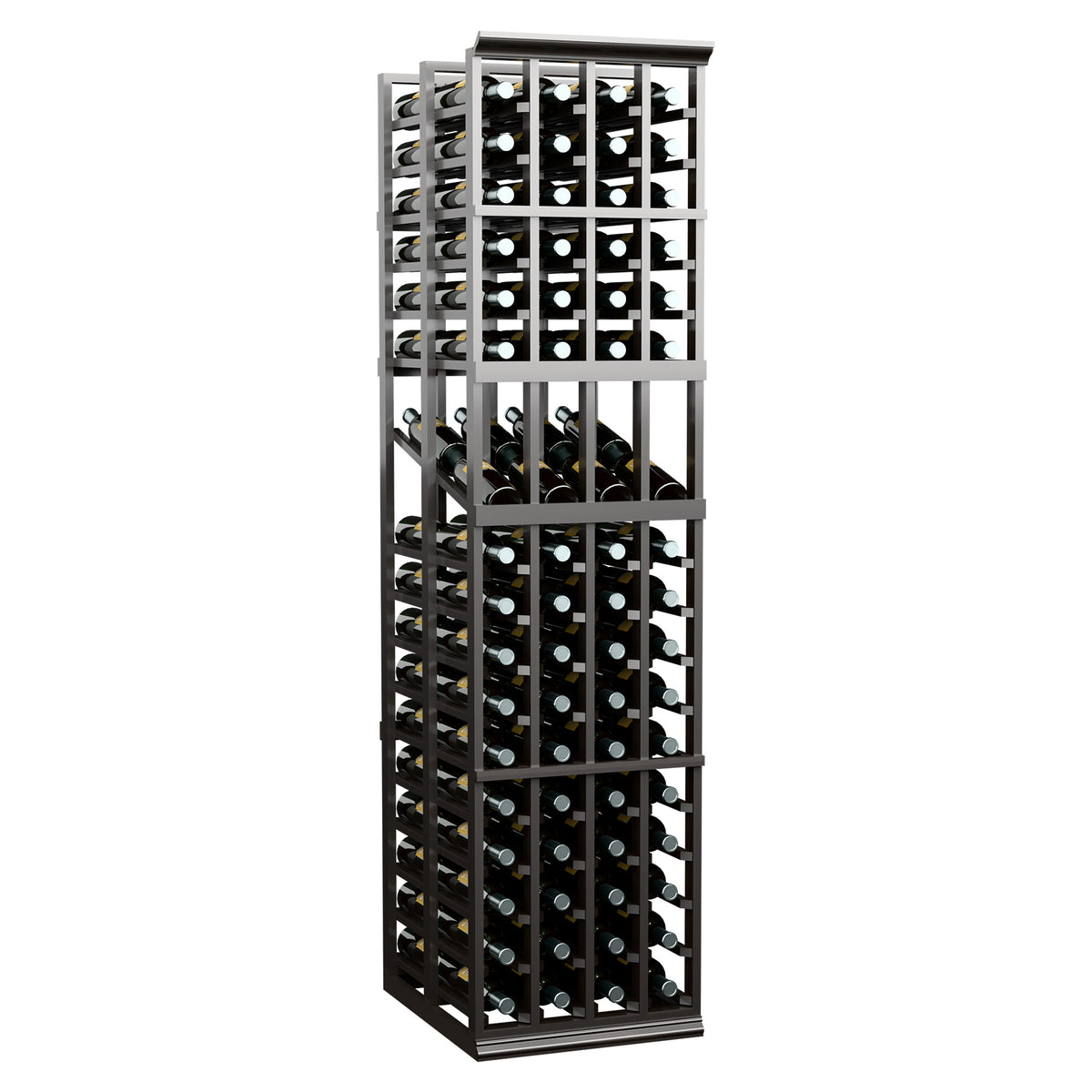 Double-deep wine display rack with four columns and grid bottle storage