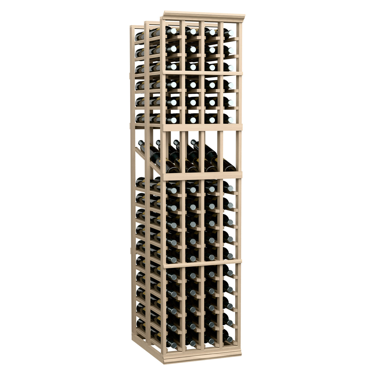 4-column double deep wine display rack with vertical bottle slots and light wood frame