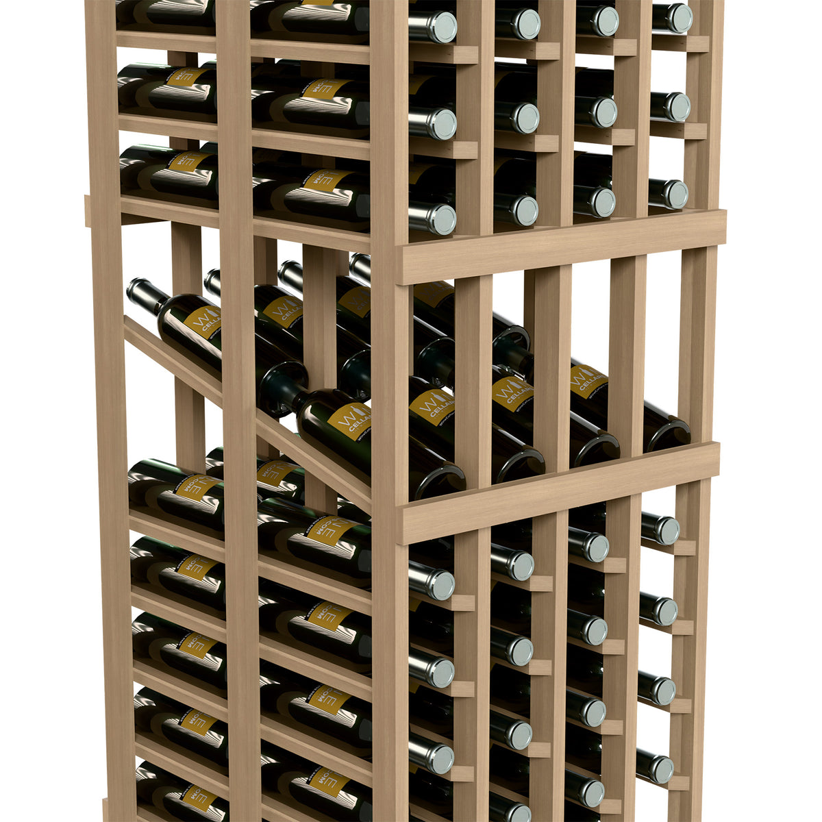 Wine bottle display rack with light wood grid shelves and front row bottles