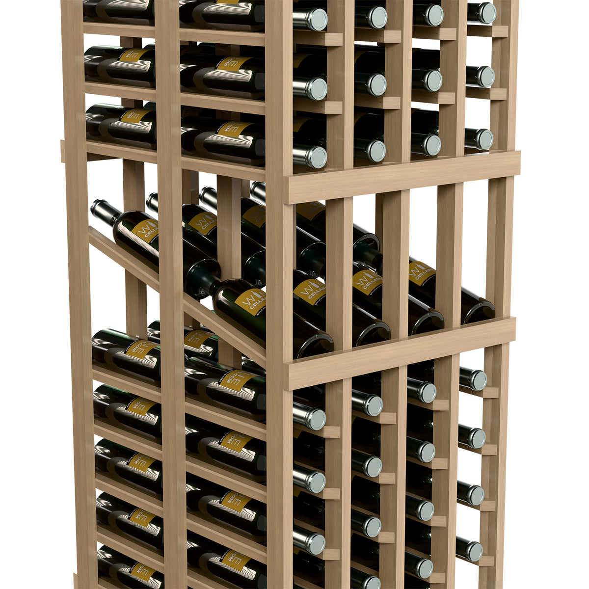 Wine bottle storage rack with light wood dividers, clear bottle bases visible